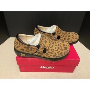 New! Womens Alegria Kara Leopard Suede Leather Slip On Clogs. Size 38-US 8-8.5.